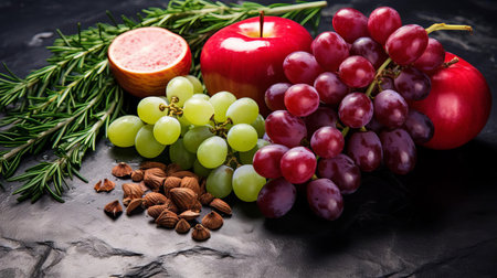 grapes, freshly cut and arranged with fragrant rosemary, aromatic spices, and thinly sliced onion, are beautifully presented on a dark stone background, evoking a sense of rustic elegance and warmth, perfect for a wine and cheese gathering or a cozy dinner party. ai generatedの素材