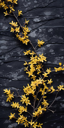 forsythia, a vibrant yellow flowering shrub, takes center stage in this intimate tabletop photography setup, showcasing its delicate blooms against a dark gray and black backdrop of shingle, evoking a sense of sustainable design and tactile surfaces, captured with a voigtlander bessa r2m camera in soft focus. ai generatedの素材