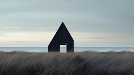 the solitary gable, a striking example of contemporary minimalist design, stands alone in a vast field of tall grass, its light gray and dark black hues evoking a sense of sculptural elegance, reminiscent of coastal views and minimalist sets, with subtle nods to gothic revival architecture and muted color palettes. ai generatedの素材