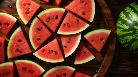 watermelon slices, arranged artfully on a rustic wooden tray, showcase their vibrant green rind and juicy pink flesh, perfect for a refreshing summer snack or healthy dessert, ideal for outdoor gatherings, picnics, or backyard barbecues. ai generatedの素材