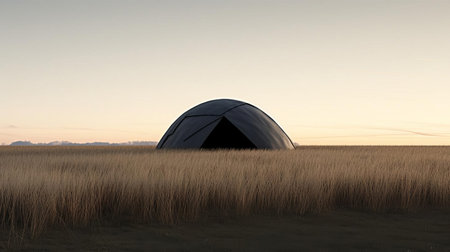 the dome, a striking sculptural piece, sits serenely alone in a lush field of tall grass, exuding a sense of contemporary minimalist chic with its light gray and dark black hues, evoking the dramatic coastal views and gothic revival inspirations often found in minimalist sets, all while embracing the subtle beauty of muted colours. ai generatedの素材