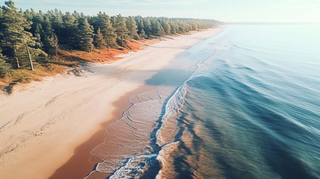 the taiga drone captures a breathtaking sandy beach scene, bathed in warm, golden light, showcasing hyper-realistic details, reminiscent of the works of renowned drone photographers, perfect for nature lovers and travel enthusiasts seeking tropical getaway inspiration. ai generatedの素材