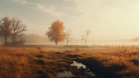 the lowland, bathed in warm autumn hues, stretches as far as the eye can see, shrouded in a mystical fog that adds to its serene beauty, creating a breathtaking landscape perfect for nature lovers and photographers, showcasing the magic of the fall season in stunning 8k resolution. ai generatedの素材