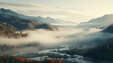 the majestic landscape unfolds in breathtaking 8k resolution, showcasing a serene autumn scenery shrouded in mystical fog, evoking a sense of tranquility and wonder, as vibrant fall foliage and misty atmosphere converge to create a picturesque scene, perfect for nature enthusiasts and photography aficionados. ai generatedの素材