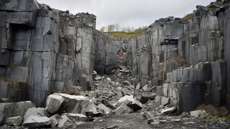 the rugged quarry, surrounded by sharp boulders and rocks, stands tall amidst the overcast sky, its high verticality exuding a sense of grandeur and majesty, showcasing the raw power of nature's geological formations, perfect for industrial or construction photography. ai generatedの素材