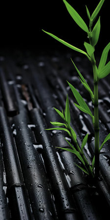 the bamboo plant, a symbol of sustainable design, grows majestically on black shingle, showcasing the beauty of visually tactile surfaces, captured in stunning detail using a voigtlander bessa r2m camera, with a soft focus effect, set against a dark gray and black backdrop, evoking a sense of serenity and eco-friendliness. ai generatedの素材