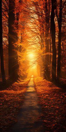 the autumn scenery unfolds with vibrant amber hues, set against a brilliant blue sky as the warm sun shines down, casting a golden glow on the rustling leaves, creating a picturesque landscape that embodies the essence of the fall season. ai generatedの素材