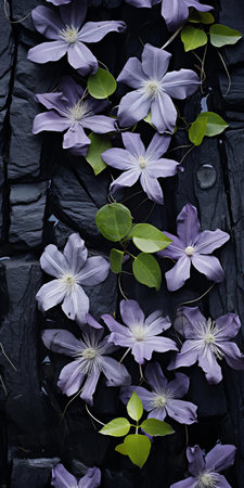 this clematis, with its delicate petals and vines, sprawls elegantly across a bed of black shingle, showcasing the beauty of sustainable design and visually tactile surfaces, captured in a soft focus style using a voigtlander bessa r2m camera, evoking a sense of dark, moody elegance. ai generatedの素材