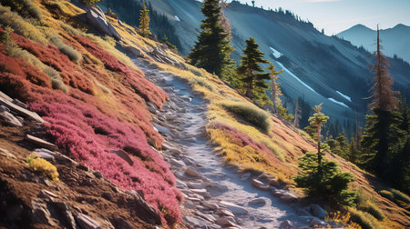 the majestic mountainous landscape unfolds along a winding hiking trail, bathed in a warm, golden light, with strong shadows accentuating the rugged terrain, as vibrant hues of yellow, blue, pink, and black dance across the scenery, evoking a sense of poetcore whimsy, reminiscent of ansel adams' iconic photography and andrew tischler's award-winning illustrations. ai generatedの素材