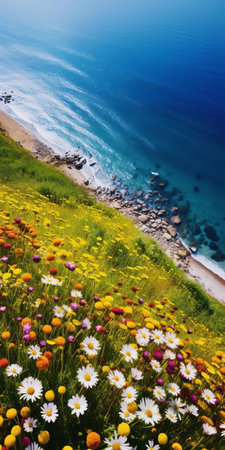 the serene landscape unfolds with an aerial view, showcasing an endless and undulating sea of vibrant wild flowers and tall swaying grasslands, exuding the essence of tranquility and peacefulness, captured in stunning 8k resolution with a still life photography style, evoking feelings of calmness and serenity. ai generatedの素材