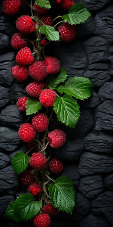 the raspberry bush, surrounded by dark gray and black tones, grows vibrantly on black shingle in this intimate tabletop photography setting, evoking a sense of sustainable design and visually tactile surfaces, captured with a voigtlander bessa r2m camera, showcasing soft focus and moody textures. ai generatedの素材