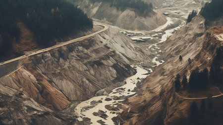 mountainous landscape reveals a devastating landslide viewed from above, showcasing a dramatic display of nature's fury, with a striking flat, duotone color scheme, capturing the harsh reality of geological disasters, landslides, and natural catastrophes in a hauntingly beautiful photograph. ai generatedの素材