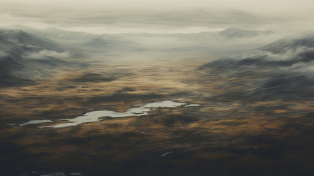 the moor, viewed from above, stretches out in a serene landscape, its rolling hills and valleys unfolding in a mesmerizing flat, duotone color scheme, evoking a sense of tranquility and mystery, perfect for nature lovers and photography enthusiasts alike, capturing the essence of the wild and rugged beauty of the moorland landscape. ai generatedの素材
