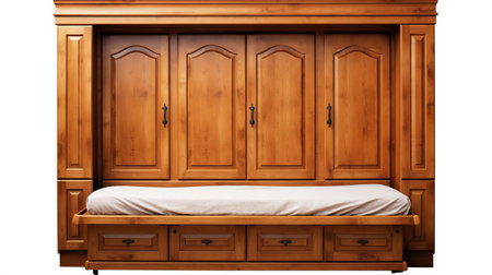 the cabinet bed, isolated on a pristine white background, showcases its sleek design and compact functionality in high resolution and high-quality detail, perfect for interior designers, furniture enthusiasts, and homeowners seeking space-saving solutions for small apartments and studios. ai generatedの素材