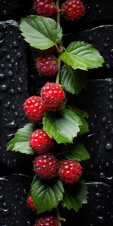 the raspberry bush, set against a striking black shingle backdrop, showcases its lush greenery and vibrant red berries in this intimate tabletop photography scene, evoking a sense of sustainable design and tactile surfaces, captured with a voigtlander bessa r2m camera in a soft focus, dark gray and black aesthetic. ai generatedの素材