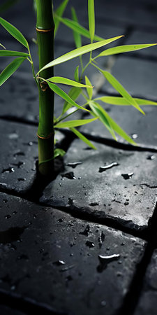 this serene bamboo plant, set against a dark gray and black backdrop, showcases the beauty of sustainable design, with its delicate stems and leaves captured in soft focus, evoking a sense of tactile intimacy, reminiscent of tabletop photography, shot with a voigtlander bessa r2m camera. ai generatedの素材