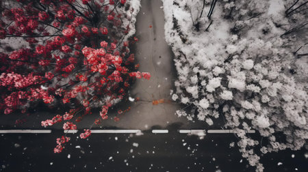 february landscape photography captures the breathtaking junction of fresh green fields, blooming flowers, and vibrant colors amidst a serene white winter wonderland, showcasing the beauty of seasonal transition in this stunning unsplash image. ai generatedの素材