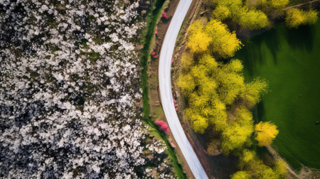 the junction of fresh green april with blooming april and colorful april and white april unfolds a breathtaking scenery, showcasing the vibrant colors of spring, as captured through the lens of a professional photographer on unsplash, highlighting the beauty of nature's awakening. ai generatedの素材