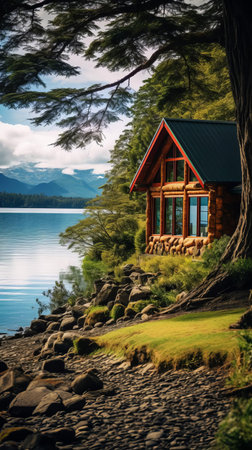 the cabin, nestled among the towering trees, gazes serenely over the tranquil waters of lake te anau, evoking a sense of romantic nostalgia, reminiscent of a bygone era, as if plucked from a vintage ferrania p30 photograph, its slender silhouette blending seamlessly into the majestic mountainous vistas, exuding a rough-edged charm that whispers secrets of the past. ai generatedの素材