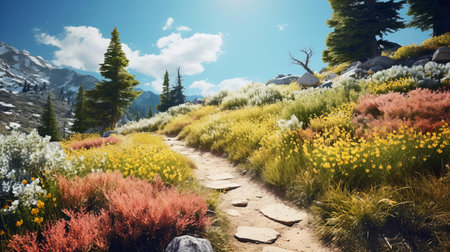 the majestic mountain trail unwinds through a kaleidoscope of colors, with warm yellow, soothing blue, soft pink, and dramatic black hues blending in harmony, as strong shadows dance across the landscape, bathed in golden light, evoking a poetcore ambiance, reminiscent of ansel adams' iconic style, captured with the precision of a ferrania p30 film and the clarity of a zoom lens, worthy of an award-winningの素材