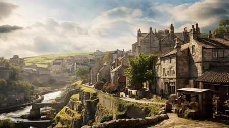 the yorkshire dales, a picturesque national park in north yorkshire, england, is majestically captured in this breathtaking cityscape, blending serene natural beauty with urban charm, showcasing the region's unique blend of rolling hills, lush greenery, and quaint villages, perfect for nature lovers and photography enthusiasts. ai generatedの素材