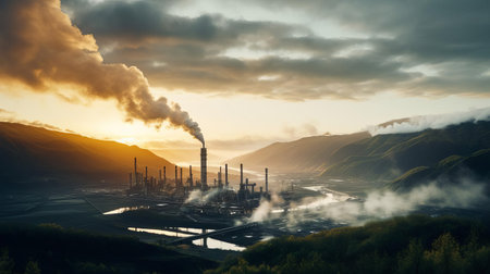 the industrial landscape, bathed in the warm golden light of sunrise, showcases a breathtaking scene where clouds are suspended against the majestic mountains, while godrays pierce through the morning mist, creating an ethereal atmosphere, captured in stunning ultra-high resolution using a wide-angle lens on a hasselblad camera, perfect for industrial landscape photography, sunrise photography, and misty mountain scenery enthusiasts. ai generatedの素材