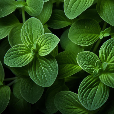the oregano leaf, with its delicate organic contours, is showcased in stunning detail in this ultra-high-definition image, reminiscent of a national geographic photo, evoking a sense of environmentalism and tactile connection to nature's intricate beauty. ai generatedの素材