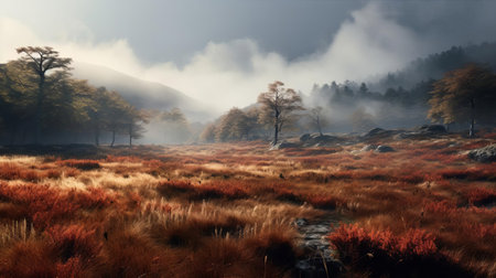 the shrubland, bathed in the warm hues of autumn, is shrouded in a mystical fog, creating an ethereal atmosphere, perfect for nature enthusiasts and photographers, showcasing the beauty of the fall season in stunning 8k resolution, ideal for wallpaper and screensaver use. ai generatedの素材