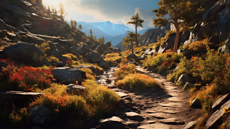 the majestic tableland hiking trail stretches across the horizon, bathed in a warm golden light, with strong shadows accentuating the rugged terrain, as vibrant hues of yellow, blue, pink, and black dance across the landscape, evoking a sense of poetcore whimsy, reminiscent of ansel adams' iconic photography and andrew tischler's award-winning illustrations, captured with the precision of a ferrania p30 film and the clarity ofの素材