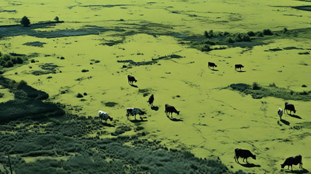 the pasture, viewed from above, stretches out in a serene landscape, showcasing a flat, duotone color scheme, with lush green grass and rustic brown hues, evoking a sense of rural tranquility, perfect for nature lovers and fans of aerial photography, countryside scenery, and idyllic landscapes. ai generatedの素材