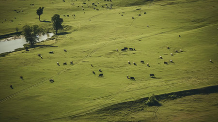 the pasture, viewed from above, stretches out in a serene landscape, showcasing a flat, duotone color scheme, evoking a sense of rural tranquility, with rolling hills, lush green grass, and scattered trees, perfect for grazing livestock, and capturing the essence of countryside living, rural landscapes, and agricultural scenery. ai generatedの素材