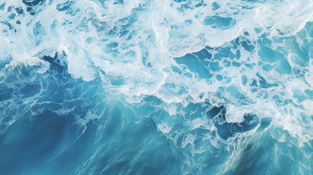 the ocean, a vast expanse of deep blues and creamy whites, stretches out to the horizon in this stunning aerial view, showcasing the intricate patterns of waves and ripples, evoking a sense of serenity and tranquility, perfect for nature lovers and fans of minimalist photography. ai generatedの素材