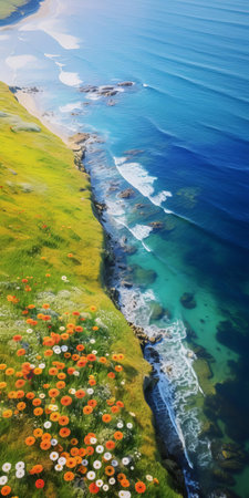 the serene landscape unfolds with an aerial view of an endless and undulating sea, dotted with vibrant wild flowers and tall swaying grasslands, exuding tranquility and peacefulness, captured in stunning 8k resolution, evoking a sense of calmness and serenity, perfect for nature lovers and photography enthusiasts. ai generatedの素材