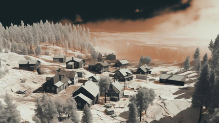 the cityscape panorama viewed from above with a flat, duotone color scheme, showcasing a bird's eye view of urban architecture, modern skyscrapers, and bustling streets, perfect for wallpapers, backgrounds, and urban planning visualizations, highlighting metropolitan life, city living, and urban development. ai generatedの素材