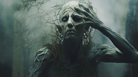 this eerie creature, depicted in a stunning hyper-realistic sci-fi style, stands in shock, its sage green skin a stark contrast to the bold, dynamic lines that define its features, as if plucked from a futuristic realm, evoking a sense of wonder and unease, reminiscent of the works of alessio albi and andrew ferez, crafted with minimal retouching using bryce 3d software. ai generatedの素材