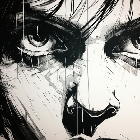 samuel's face emerges from darkness in this striking portrait, characterized by scratchy pen strokes, bold blind contour, and a fisheye perspective that distorts his features, with strong angular shapes and woodcut-inspired shading, evoking a sense of intensity through pouty lips and hungry eyes, blending minimalist realism with anime proportions. ai generatedの素材