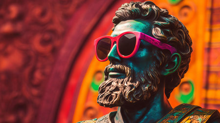 the byzantine art statue, adorned with intricate details, poses stylishly in a close-up shot, donning dark cool sunglasses that add a touch of modernity to its ancient charm, set against a vibrant and colorful background that highlights its ornate features, blending historical elegance with contemporary flair. ai generatedの素材