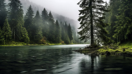 the serene lake, surrounded by a mix of deciduous trees and towering firs, reflects the gloomy atmosphere of a rainy day, with the tops of the trees peeking out from above, creating a picturesque scene of tranquility and natural beauty in the midst of a stormy weather. ai generatedの素材