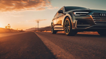 the car, parked on the side of the road, basks in the warm, golden light of a breathtaking sunset, captured in stunning high detail using a sony alpha a7 mark iv camera, showcasing the beauty of the scene in 8k resolution, perfect for automotive enthusiasts and photography lovers alike. ai generatedの素材
