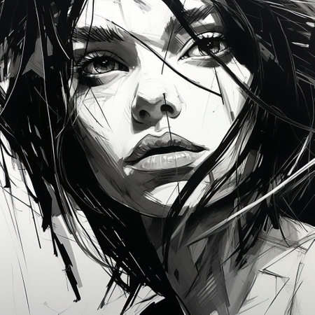 sharon's face emerges from darkness in this striking sketch, characterized by scratchy pen strokes, blind contour, and a fisheye perspective that creates a sense of intimacy. strong angular shapes and woodcut-inspired shading add depth, while pouty lips and hungry eyes convey a sense of intensity in this minimalist yet realistic portrait with subtle anime proportions and distorted perspective. ai generatedの素材