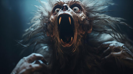 this tawny creature, frozen in shock, stands out against a dark, grainy background, its hands clasped to its head in a dramatic display of emotion, showcased in a hyper-realistic, sci-fi style reminiscent of alessio albi's work, crafted with bryce 3d and minimal retouching, featuring bold and dynamic lines, evoking the aesthetic of andrew ferez. ai generatedの素材