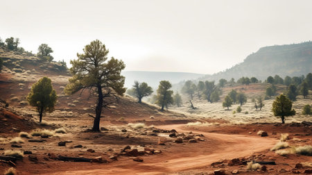 the desert landscape stretches out under a gloomy sky, with deciduous trees and firs standing tall, their tops visible above the misty veil of rain, creating a serene and mystical atmosphere, perfect for nature lovers and photography enthusiasts alike, capturing the essence of a rainy day in the desert. ai generatedの素材