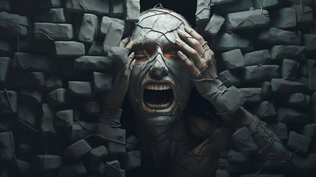 this astonishing creature, reminiscent of ancient brick structures, stands in shock, hands clasped atop its head, conveying intense emotion in a hyper-realistic sci-fi scene, reminiscent of alessio albi's style, crafted with bryce 3d software, featuring minimal retouching, grainy textures, and bold, dynamic lines, evoking the dark, tenebrous atmosphere of andrew ferez's art. ai generatedの素材