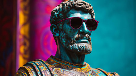 the byzantine art statue, adorned with intricate details, poses stylishly in a vibrant setting, donning trendy dark cool sunglasses, blending ancient greek and roman influences with modern flair, against a kaleidoscope of colors, showcasing a unique fusion of historical and contemporary art styles. ai generatedの素材