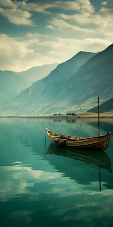 the serene sand dunes of the mediterranean lake scene unfold with a tranquil boat drifting on calm waters, surrounded by majestic mountainous vistas, exuding a calming and introspective ambiance in a palette of soothing dark green, aquamarine, dark turquoise, and earthy light brown hues, reminiscent of a swiss-inspired lake wallpaper. ai generatedの素材