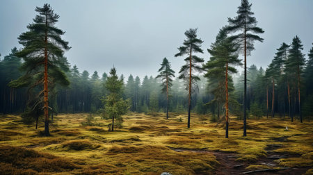 the heath, surrounded by a mix of deciduous trees and towering firs, stands majestically under the gloomy rainy weather, with the tops of the trees visible above the mist, showcasing the serene beauty of the natural landscape on a wet day, evoking feelings of calmness and tranquility. ai generatedの素材