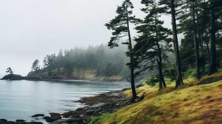 the coastal landscape stretches along the shoreline, featuring a mix of deciduous trees and towering firs, their tops visible above the misty veil of rain, capturing the serene atmosphere of a rainy day by the ocean, where nature's tranquility reigns supreme. ai generatedの素材
