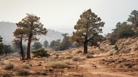 the desert landscape stretches out before us, a rare sight of deciduous trees and firs thriving in the arid environment, their tops visible above the misty veil of rain, creating a serene and mystical atmosphere, evoking feelings of tranquility and wonder in this unique rainy day scene. ai generatedの素材