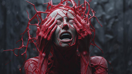 the ruby creature, depicted in a stunning hyper-realistic sci-fi art style, stands in shock with hands on its head, conveying a sense of intense emotion, set against a dark, grainy background with bold and dynamic lines, reminiscent of alessio albi's and andrew ferez's work, crafted with minimal retouching using bryce 3d. ai generatedの素材