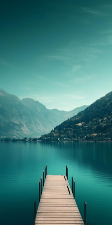 the serene mediterranean lake scene unfolds with a tranquil boat drifting on calm waters, surrounded by majestic mountainous vistas, exuding a calming and introspective ambiance, characterized by a palette of soothing shades, including dark green, aquamarine, dark turquoise, and light brown, reminiscent of a swiss-inspired lake wallpaper, captured in a webcam photography style. ai generatedの素材